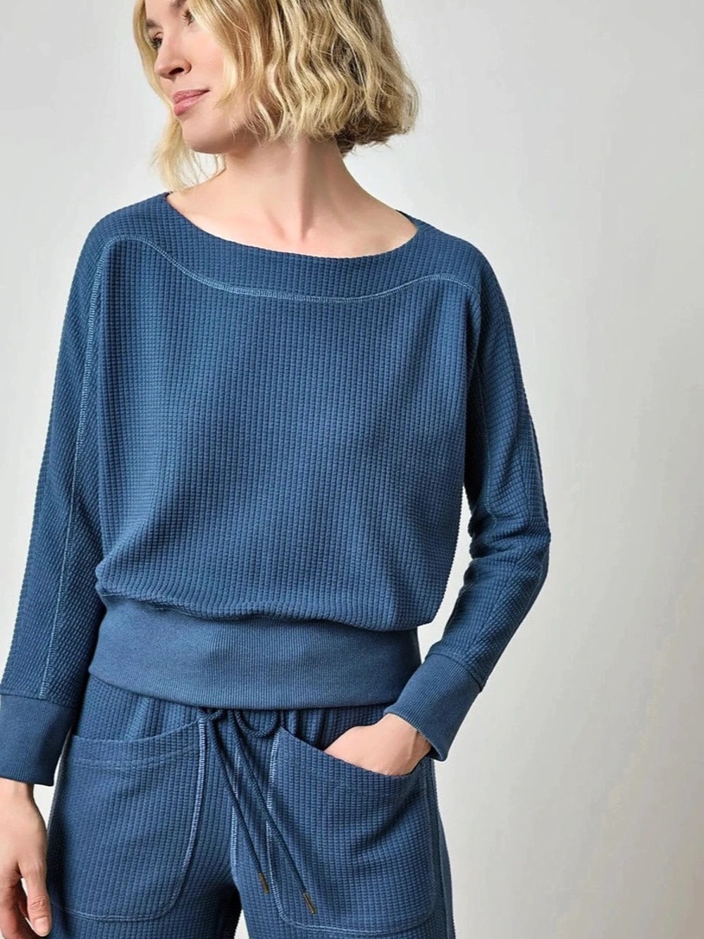 Lilla P Women's Blue Waffle Knit Top Size XS Like New